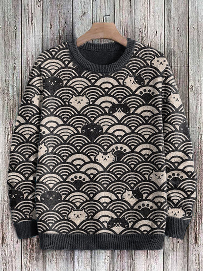 Cats & Waves Japanese Art Print Cozy Knit Sweater elevenforest