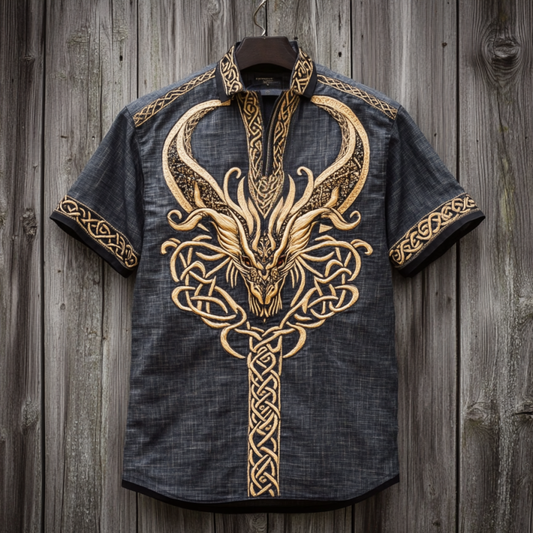 Men's Viking Tribal Dragon With Celtic Knotwork Embroidery Art Linen T-shirt artswardrobe