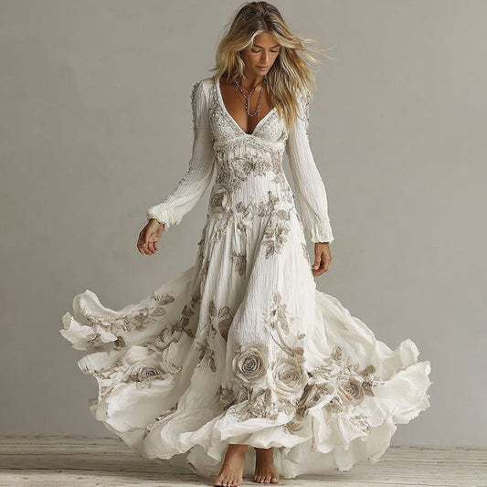 Women's Retro Rose Embroidered Art V-neck Long Sleeve Midi Dress elevenforest