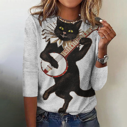 Guitar Cat Print Women'S Round Neck T-Shirt elevenforest