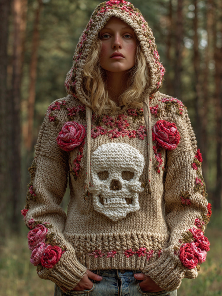 Halloween Skeleton Smiling Face Pink Rose Vintage Hooded Sweater artswardrobe