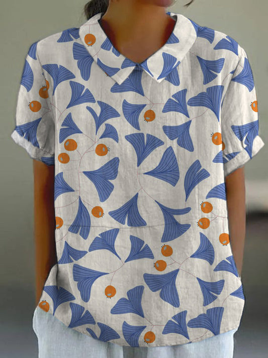 Comstylish Japanese Ginkgo Biloba Pattern Linen Lapel Shirt