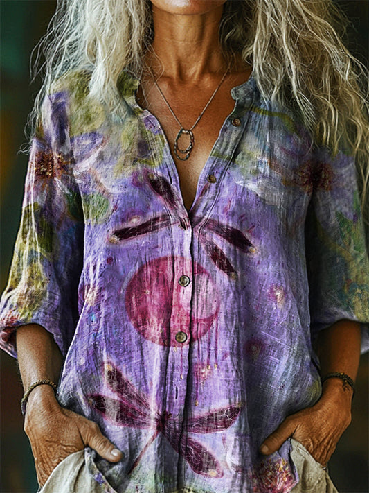 Women's Vintage Floral Dragonfly Art Print Casual Cotton Linen Shirt