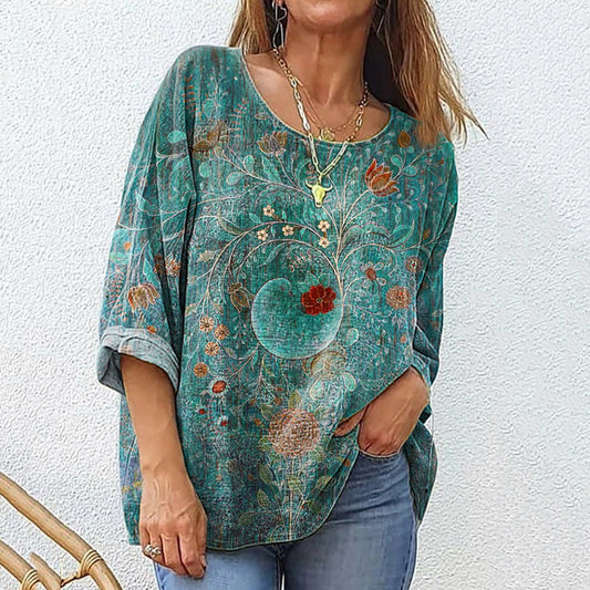 Women's Retro Ethnic Floral Print Casual Cotton And Linen Shirt artswardrobe