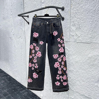 Comstylish Vintage Japanese Sakura Applique Embroidery Art Design Jeans