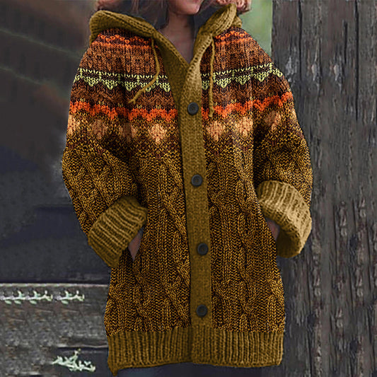 Women's Chunky Ethnic Geometric Pattern Cardigan Sweater artswardrobe