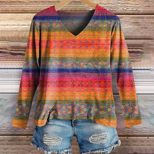 Women's Vintage Floral Art Print Casual V-neck Long Sleeve T-shirt