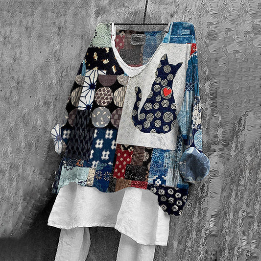 Comstylish Japanese Cat And Floral Print V-neck T-shirt