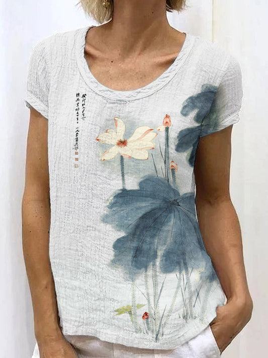 Comstylish Japanese Retro Orchid Ink Wash Painting Art Linen Casual T-Shirt