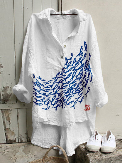 Comstylish Fish Japanese Art Linen Blend High Low Tunic