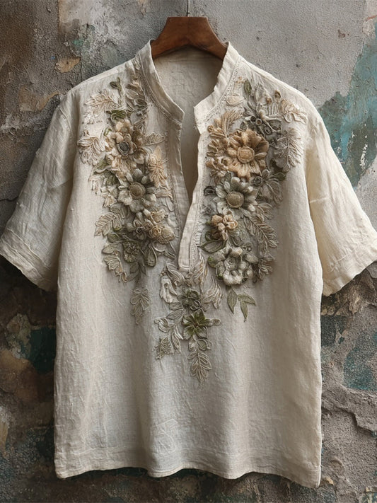 Vintage 3d Floral Art Men's Linen V-neck Shirt artswardrobe