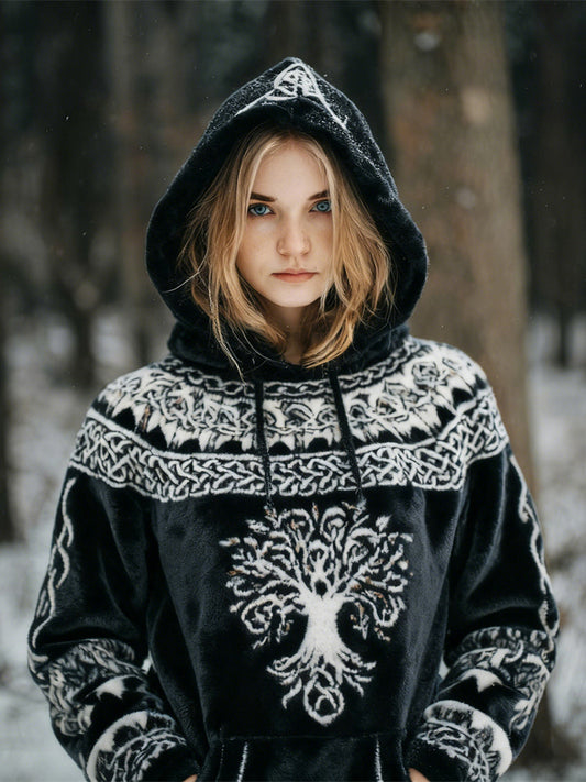 Comstylish Viking Celtic Tree Design Women's Flannel Hoodie