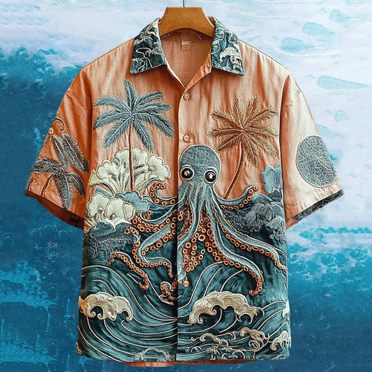 Men's Embroidered Octopus Coconut Ocean Hawaiian Shirt artswardrobe