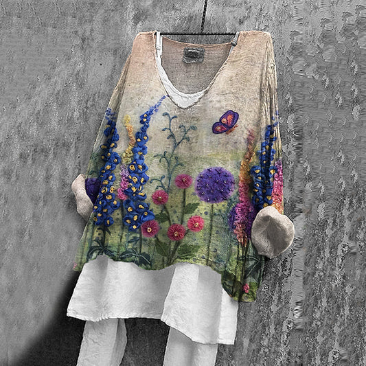 Women's Vintage Floral Embroidered Linen Blend Cozy Shirt artswardrobe