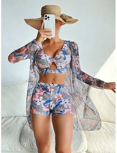 Bikini 3 Piece Swimsuit Palm Shorts Slim Backless Vacation Beach Wear V Neck Sleeveless Long Sleeve Bathing Suits