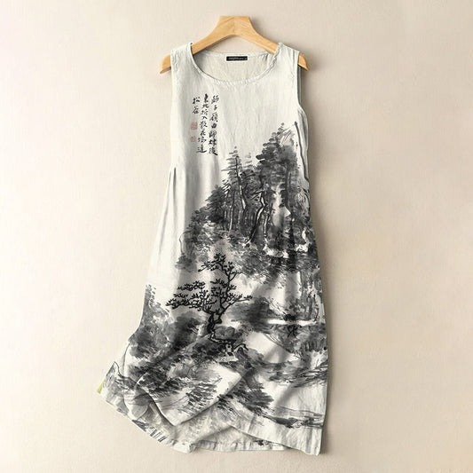 Comstylish Japanese Art Vintage Ink Pine Print Sleeveless Cotton And Linen Midi Dress