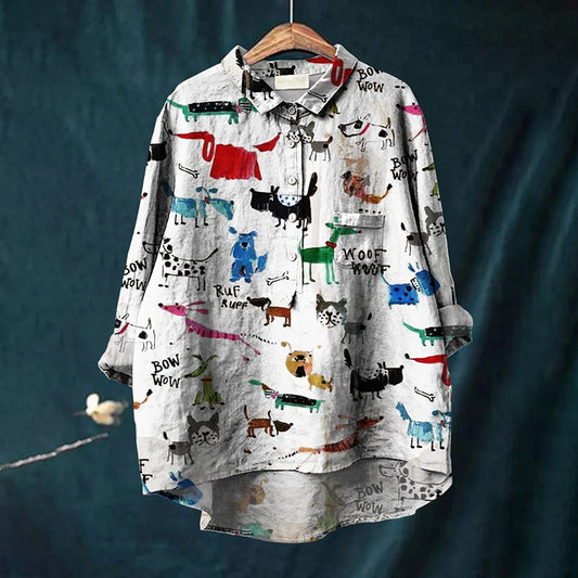 Comstylish Women's Cute Dog Art Print Casual Cotton And Linen Shirt