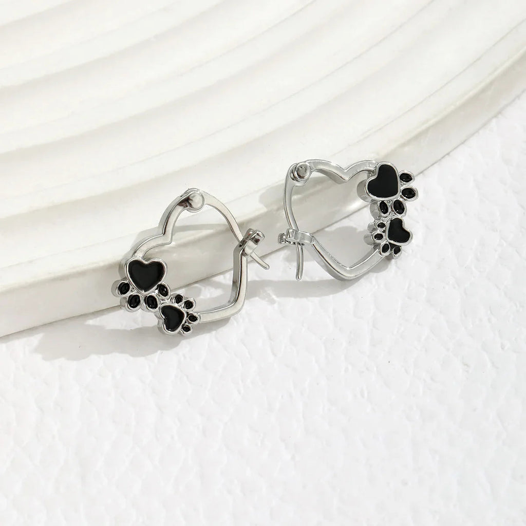 Heart Paw Huggie Earrings With Black Enamel