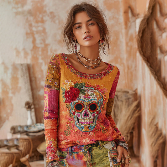 Comstylish Women's Classic Mexican Sugar Skeleton Catrina Day Of The Dead Inspired Painting Embroidered Casual Linen Long Sleeve T-shirt