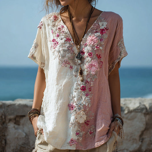 Women's Retro Floral Stitching Contrast Color Casual V-neck T-shirt artswardrobe