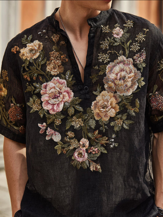 Bohemian Style Colored Plant And Flower Black Men's Vintage V-neck Short-sleeved Shirt artswardrobe