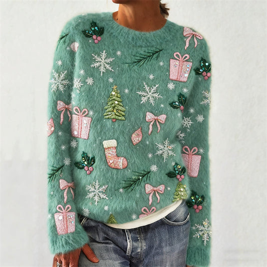 Comstylish Christmas Glitter Elements Embroidered Cozy Knit Sweater