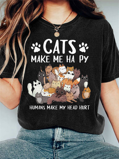 Comstylish Women's Cats Make Me happy Humans Make My Head Hurt Print T-Shirt