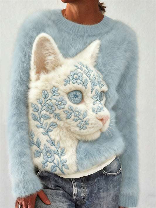 Comstylish Classy Floral Cat Face Embroidered Cozy Plush Sweatshirt