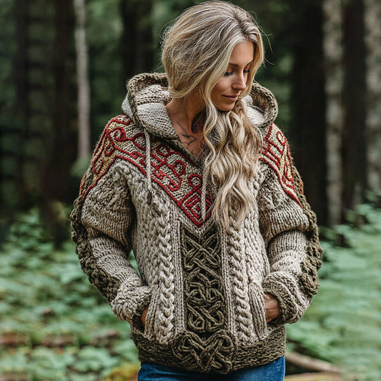 Women's Classic Celtic Knot Irish Jacquard Contrast Print Knit Hoodie elevenforest