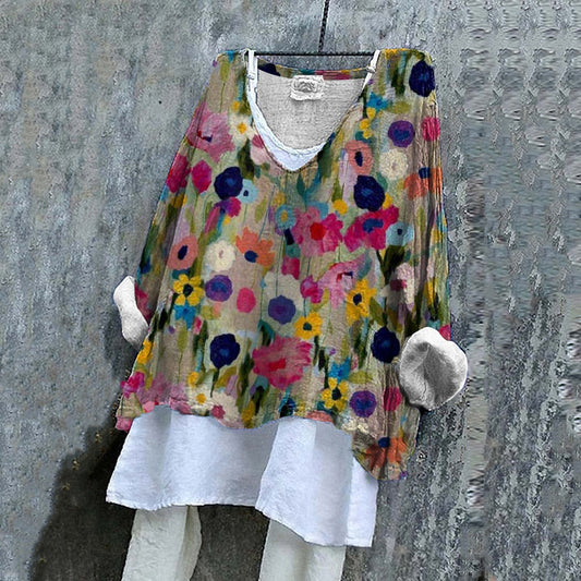 Women‘s Floral Art V Neck Linen Blend Shirt artswardrobe