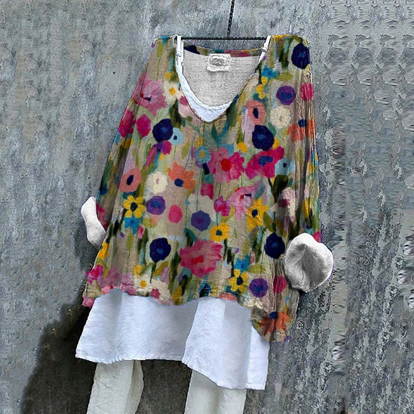 Comstylish Women‘s Floral Art V Neck Linen Blend Shirt
