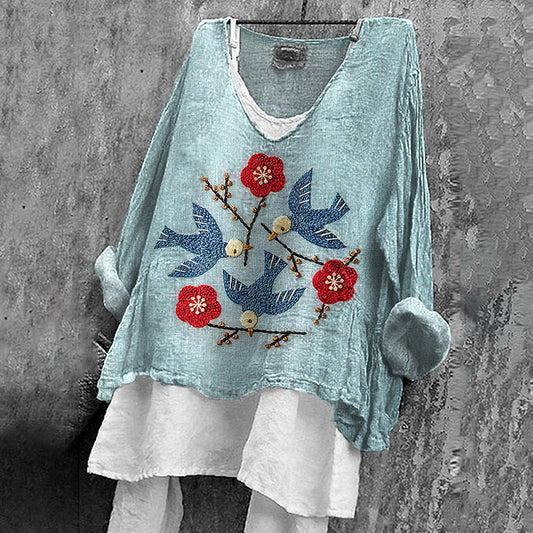 Comstylish Women's Flower & Bird Embroidery Art Linen V-neck Shirt