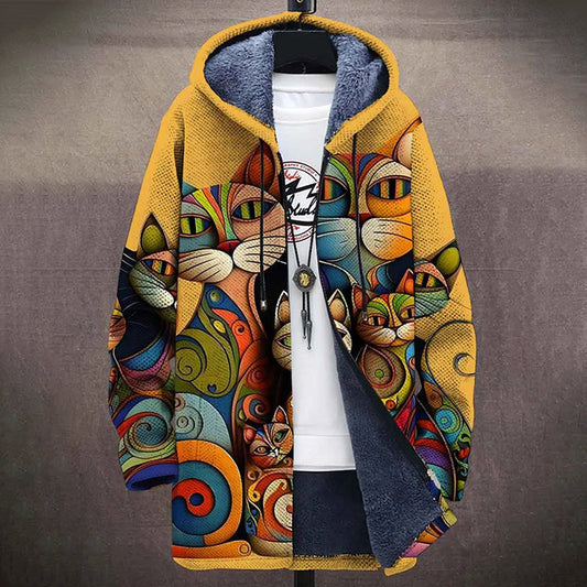 Cat Art Plush Thick Long Sleeve Printed Sweater Cardigan Jacket elevenforest
