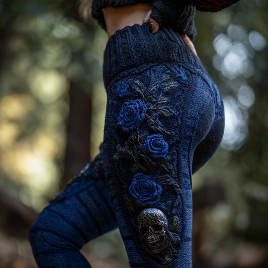 Women's Vintage Sugar Skull And Rose Pattern Comfortable Leggings artswardrobe