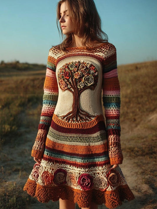 Comstylish Retro Flower Tree Of Life Crochet Art Midi Sweater Dress