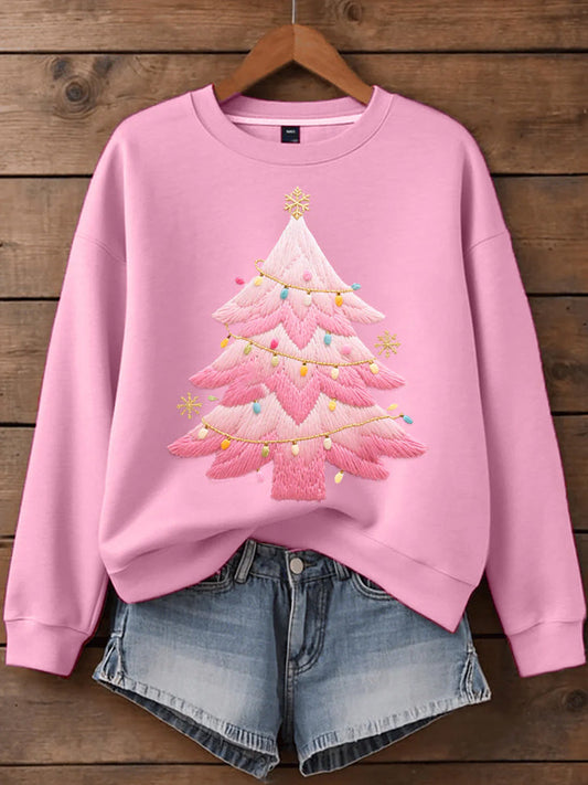 Comstylish Women's Pink Christmas Tree Embroidered Sweatshirt