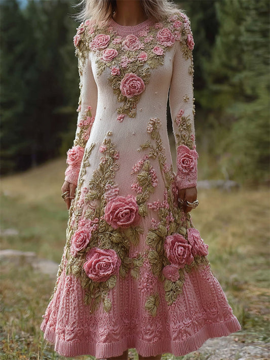 Vintage Pink Floral Gradient Cozy Knit Maxi Sweater Dress