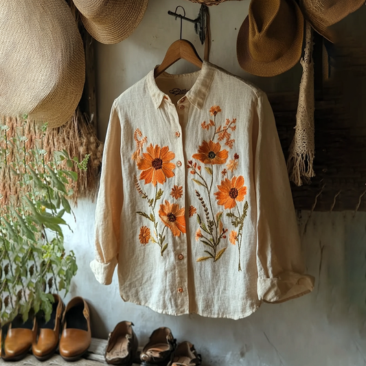 Vintage Floral Embroidery Art Button Down Casual Blouse artswardrobe