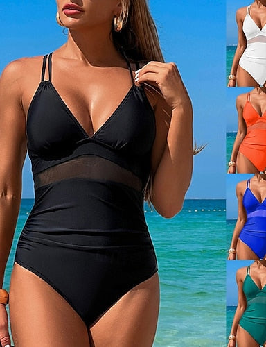 One Piece Swimsuit Deep V Open Back Swimwear Colored Swimwear Black White Breathable Quick Dry Lightweight Sleeveless - Swimming Surfing Beach Summer Spring