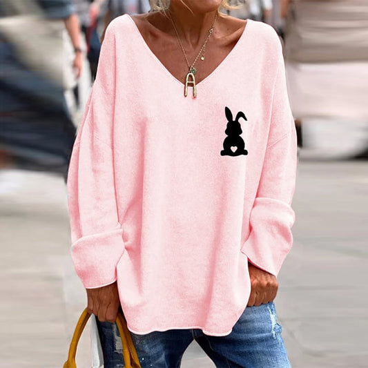 Women's Easter Bunny Print Casual V-Neck Loose T-Shirt artswardrobe