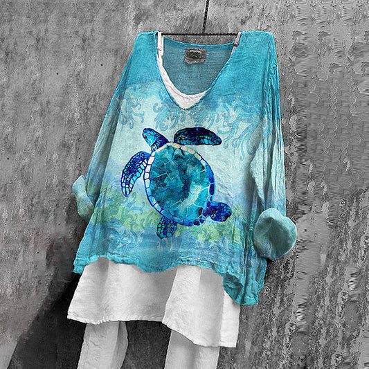 Comstylish Gradient Sea Turtle Art Pattern Linen Blend Tunic