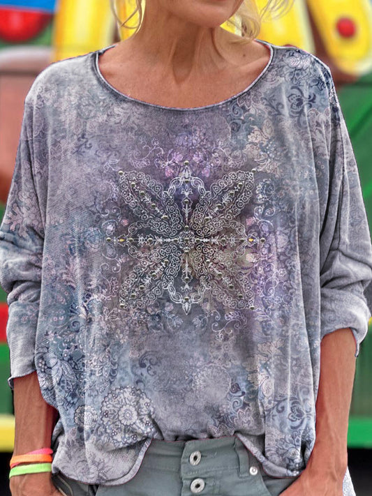 Women's Vintage Ethnic Floral Art Print Casual Long Sleeve T-shirt