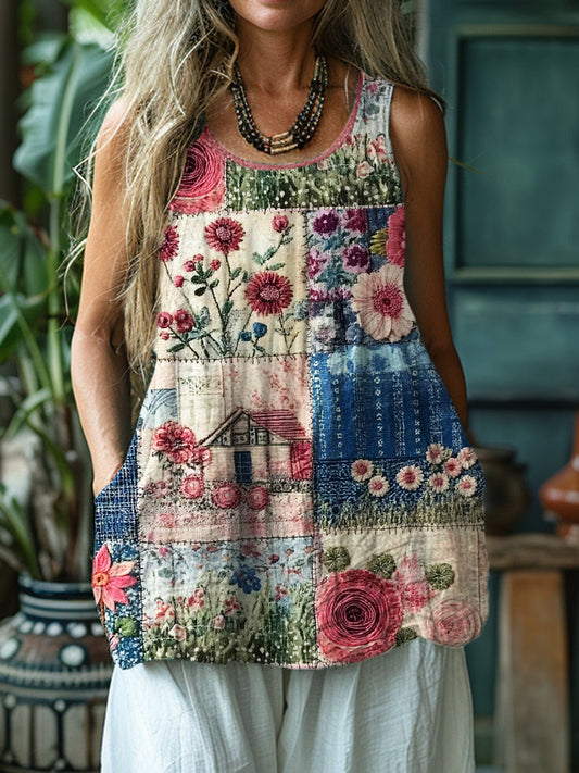 Cottage Floral Patchwork Fiber Art Linen Tank Top artswardrobe