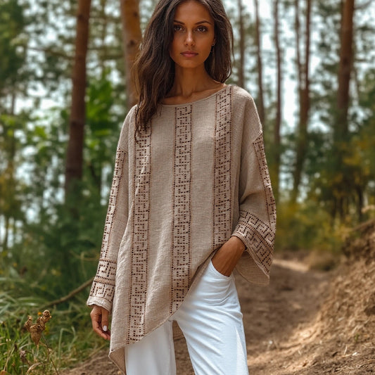 Comstylish Vintage Greek Key Motif Hollow Cotton Linen Shirt