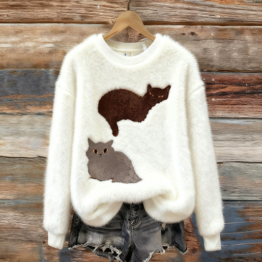 Comstylish Fun Cat Pattern Women's Round Neck Flannel Sweatshirt