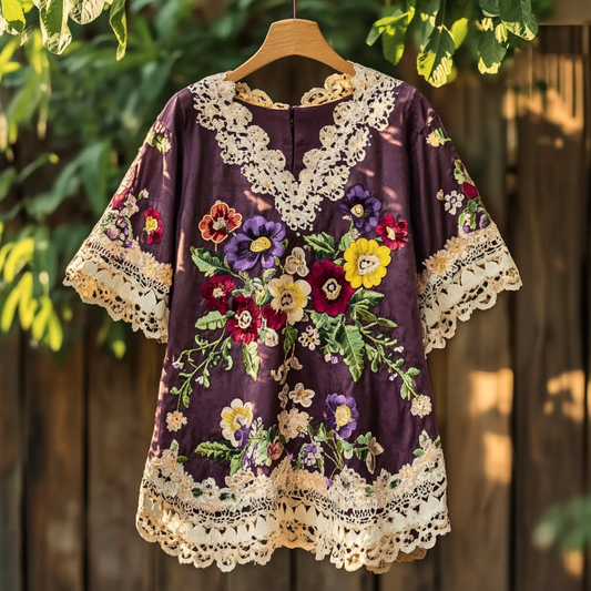 Comstylish Vintage Pansy Lace Embroidery Pattern V-neck Shirt