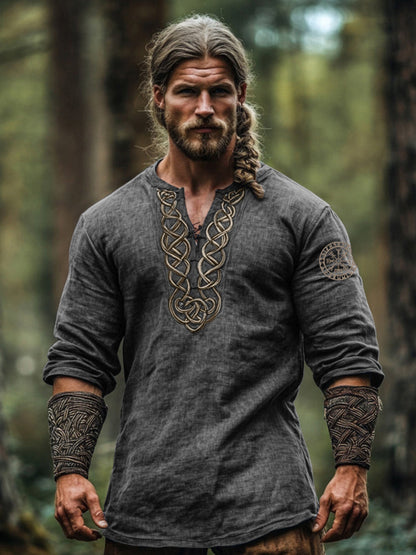Men's Vintage Viking Symbol Linen V-neck Shirt artswardrobe