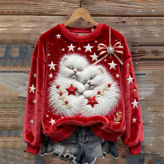 Christmas Sleeping Cats Stars Embroidered Cozy Plush Sweatshirt elevenforest