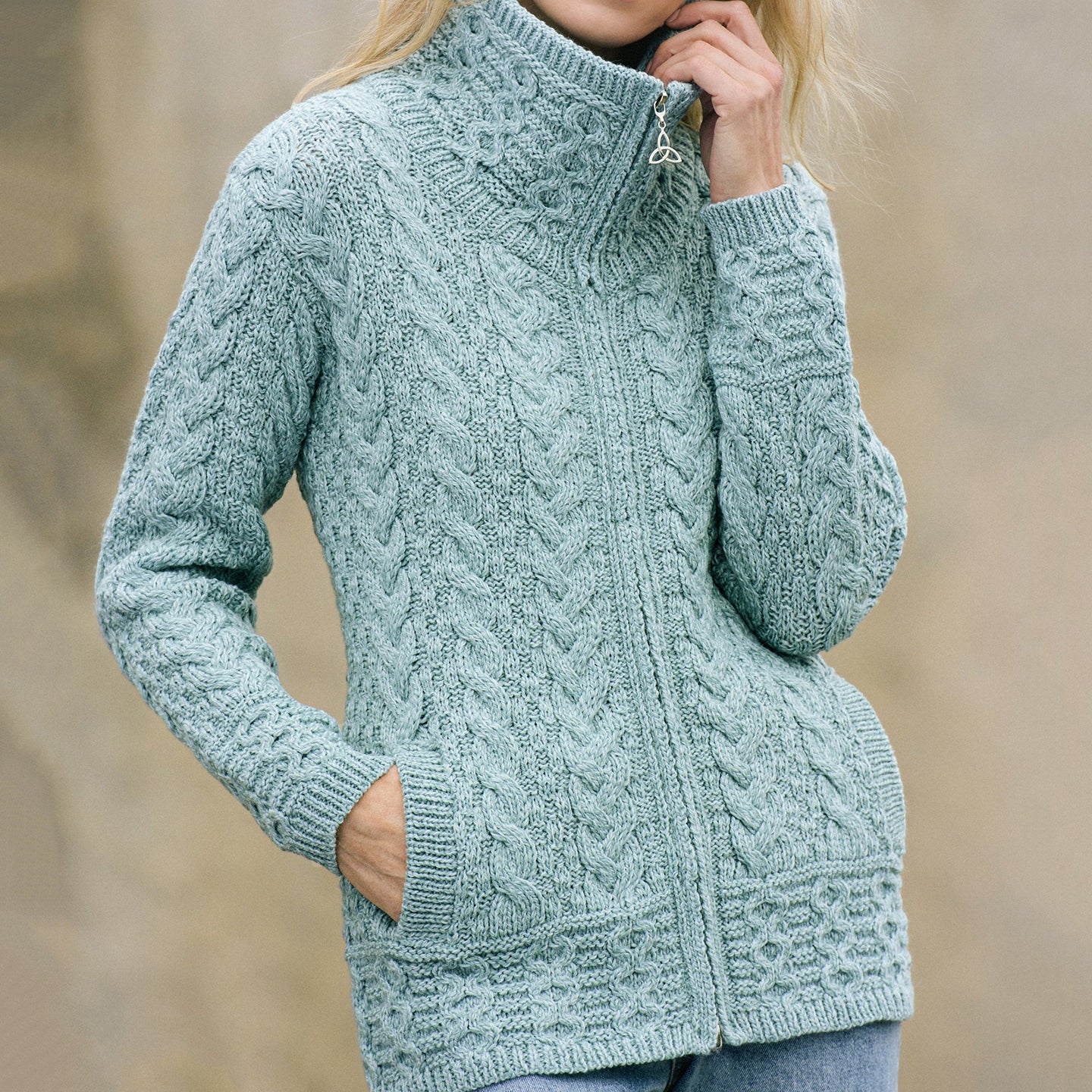 Women's Clan Pattern Zip Turtleneck Aran Sweater Cardigan artswardrobe