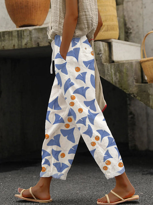 Comstylish Japanese Ginkgo Biloba Pattern Women's Linen Pants